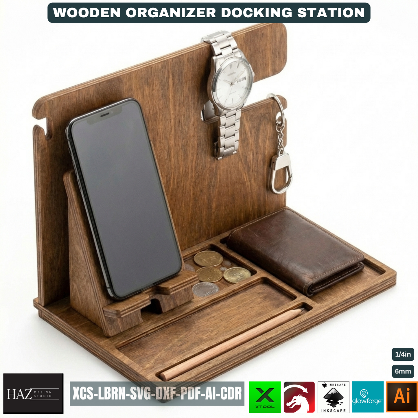 Personalized Wood Docking Station Desk Organizer Mens Gift Idea Phone Stand Bedside Nightstand Catchall Tray 529