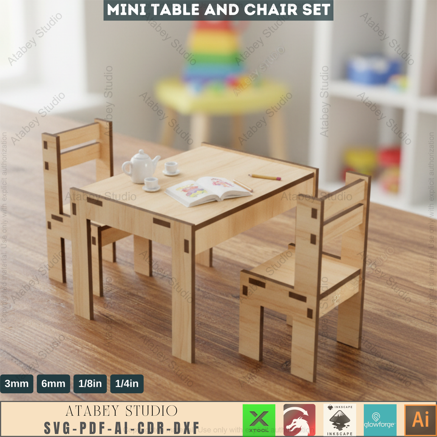 Mini Table Chair Set - Kids Furniture - Children Toy - Dollhouse SVG 332