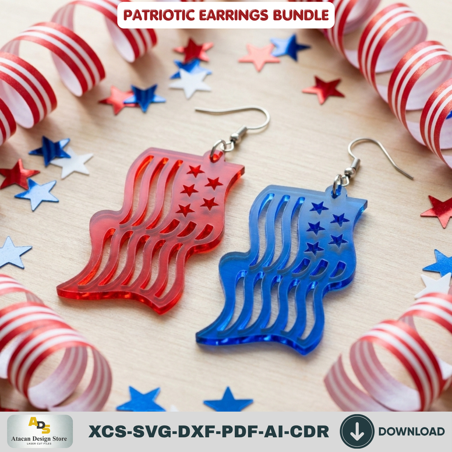 Patriotic Earrings Laser Cut Files, 4th of July USA Flag Jewelry Template, Veteran Gift