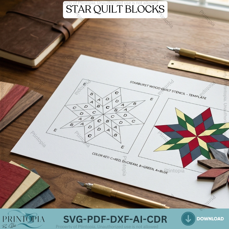 Geometric Star Barn Quilt Wood Pattern Farmhouse Wall Art Template Rustic Home Decor 342