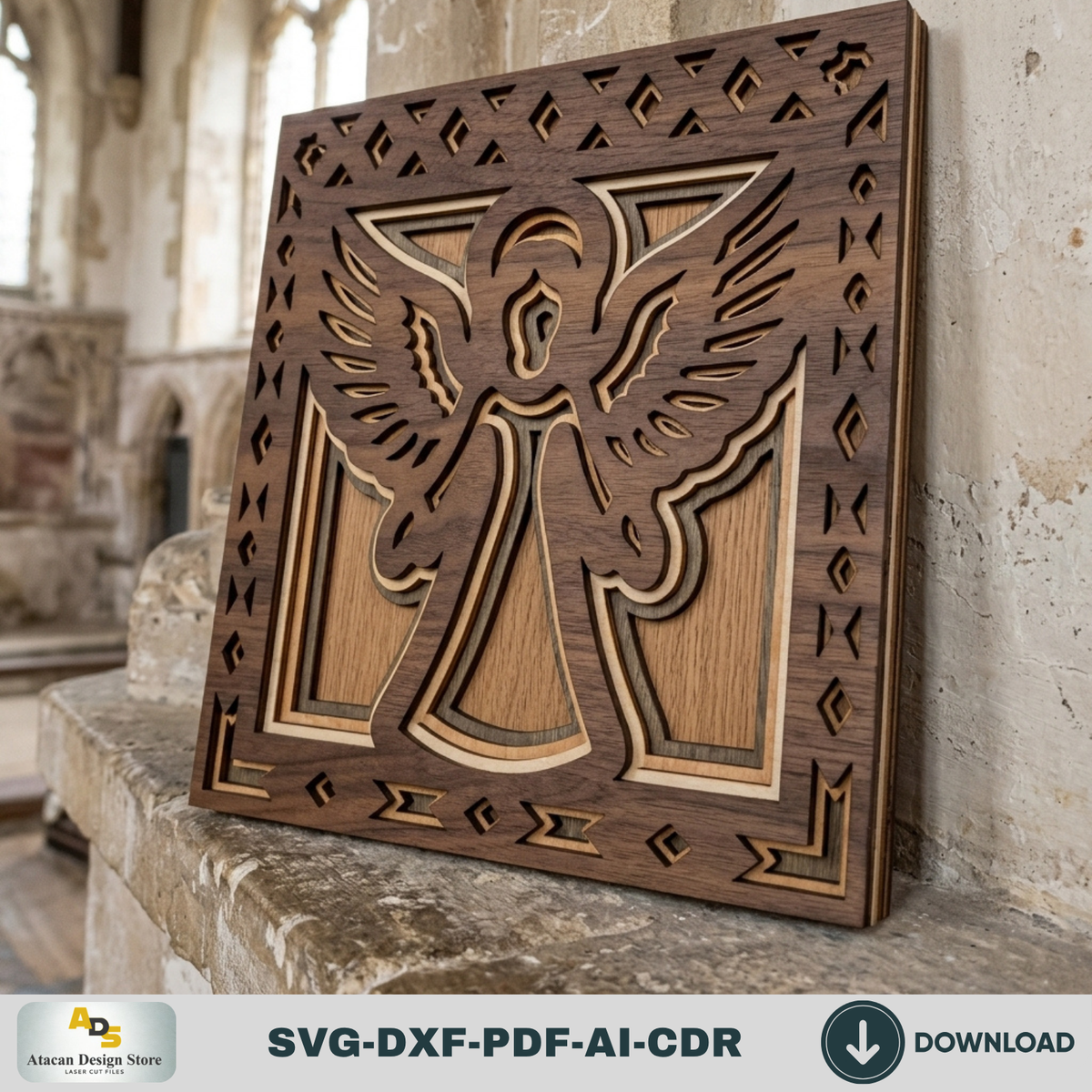 3D Angel Wall Decor Laser Cut Pattern, Religious Shadow Box Plaque, Christian Gift Glowforge Design