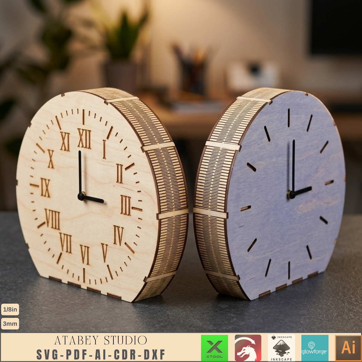 Laser Cut Wooden Table Clock Bundle, 10 Living Hinge Designs, Modern DIY Desk Clock Patterns