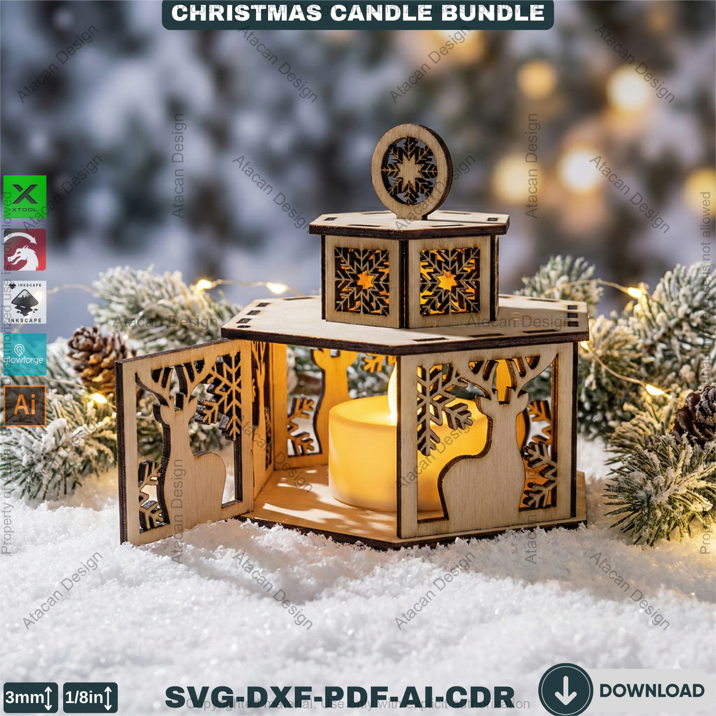 Christmas Candle Holders - Lanterns With Lid - Tealight Laser Cut Lamp Designs - Night Light Decoration 922