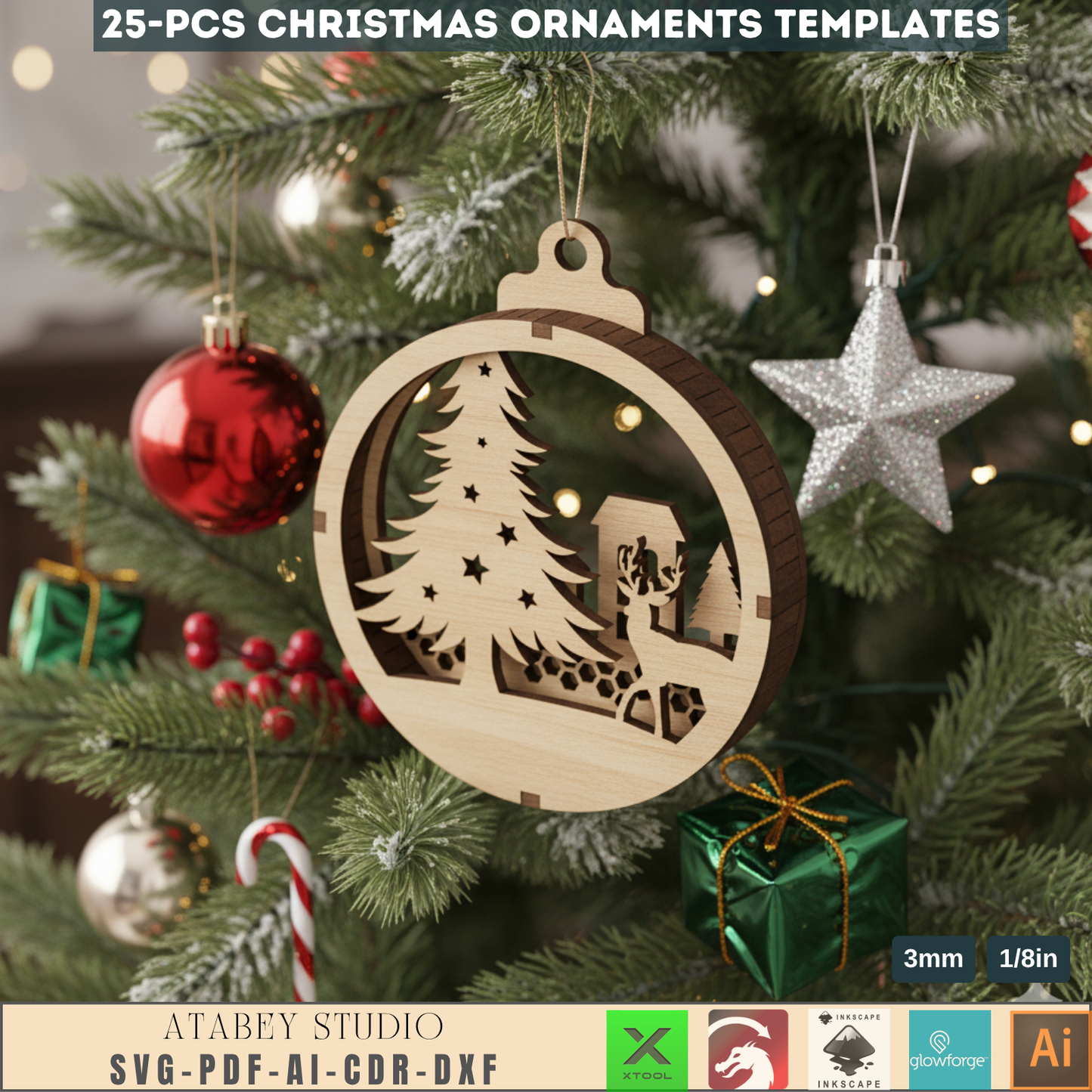 25 Christmas Ornament Templates for Laser Cutting | Round Xmas Bauble Designs | Holiday Tree Hanging Decor Craft Pattern