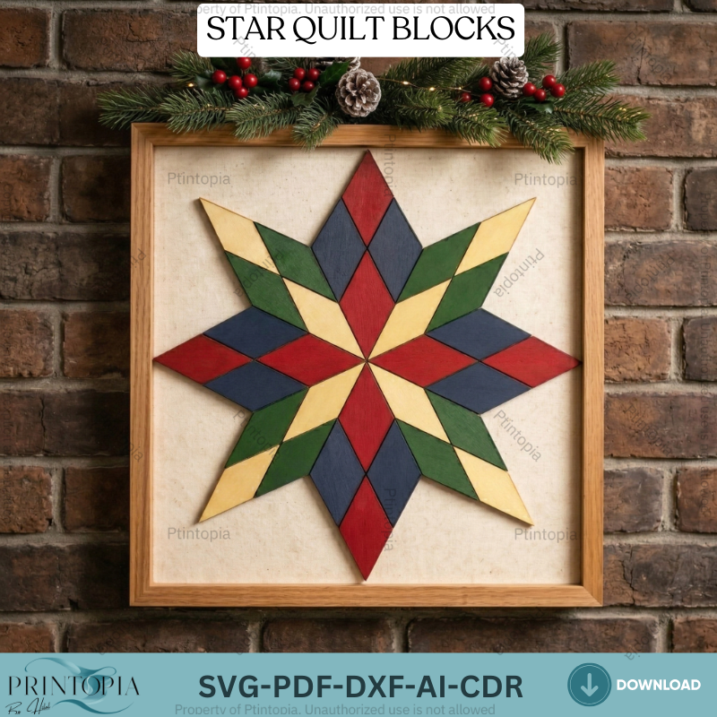 Geometric Star Barn Quilt Wood Pattern Farmhouse Wall Art Template Rustic Home Decor 342