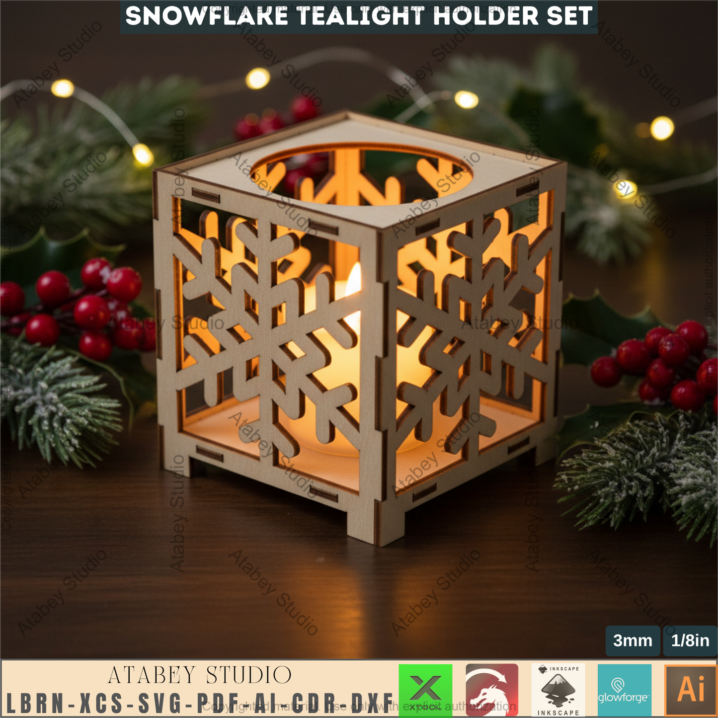 Snowflake Tealight Holder Laser Cut Files, Christmas Lantern Box SVG, Wooden Candle Holders 979