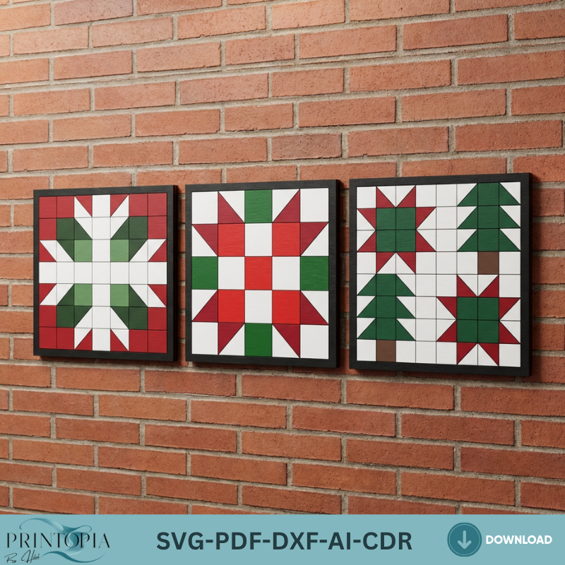 Christmas Quilt Block Laser Cut Patterns Wood Wall Art Bundle Holiday Snowflake Tree Star Decor