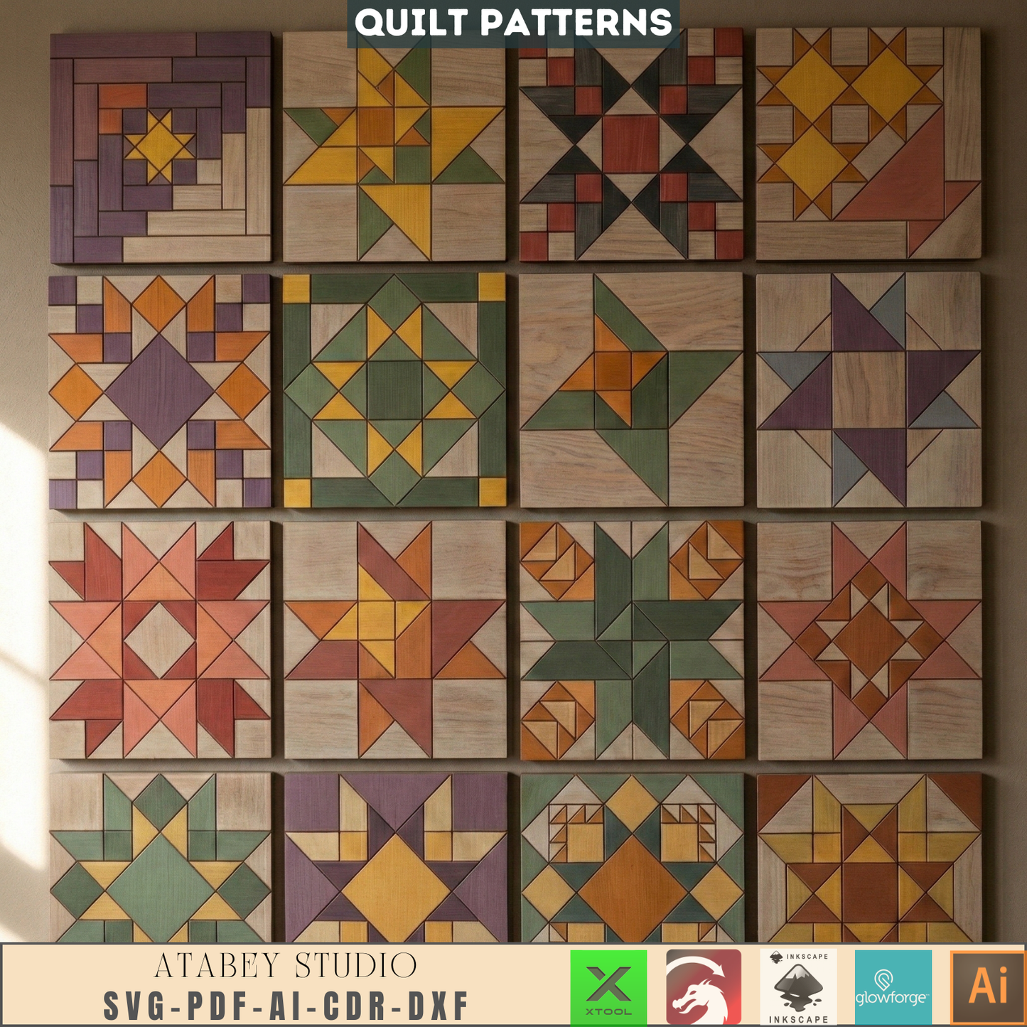 Quilt Block Patterns Geometric Wall Art Mosaic Panel DIY Patchwork Craft Blueprints 990