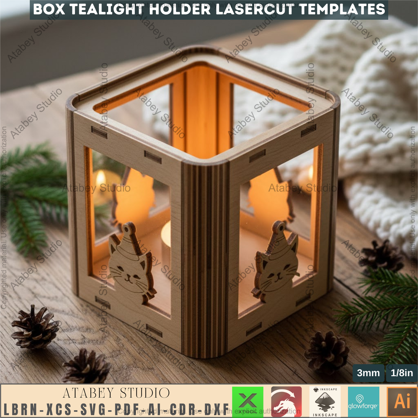 Christmas Laser Cut Tealight Holder, Santa Lantern Box Template, Living Hinge Candle Stand, Holiday Table Decor 974