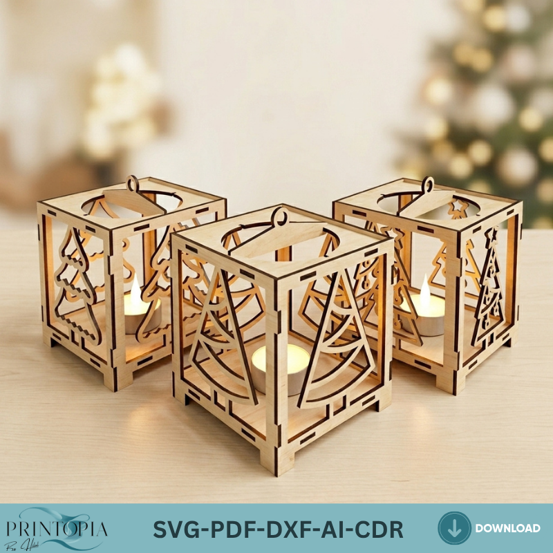 Green Christmas Tea Light Holder Decor / Christmas Ornament Tree Snowman Sled / Candle Holder / Floor Lantern Light DXF SVG Ai CDR ADS354