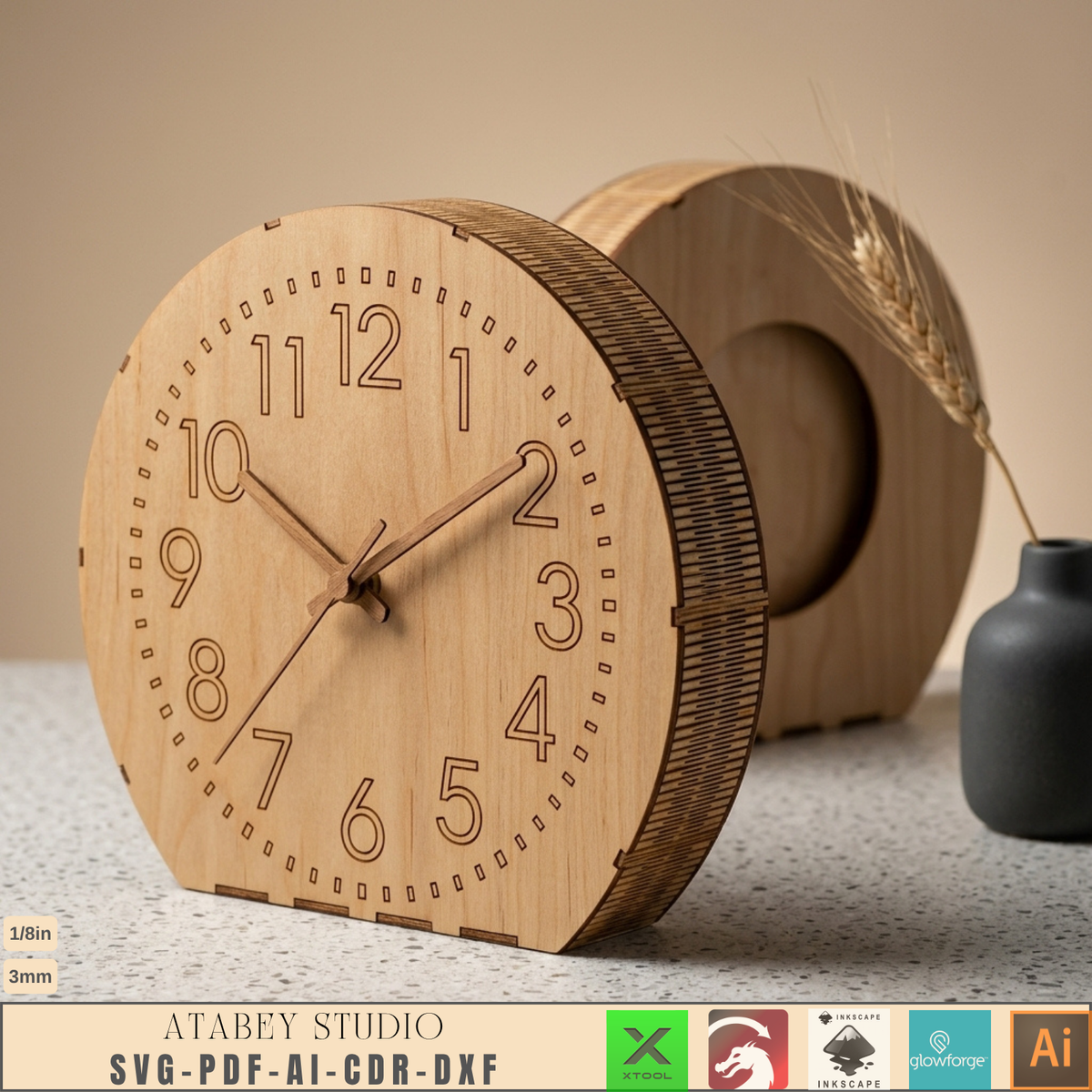 Laser Cut Wooden Table Clock Bundle, 10 Living Hinge Designs, Modern DIY Desk Clock Patterns