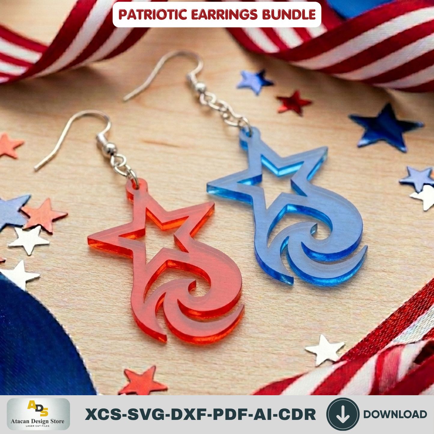 Patriotic Earrings Laser Cut Files, 4th of July USA Flag Jewelry Template, Veteran Gift