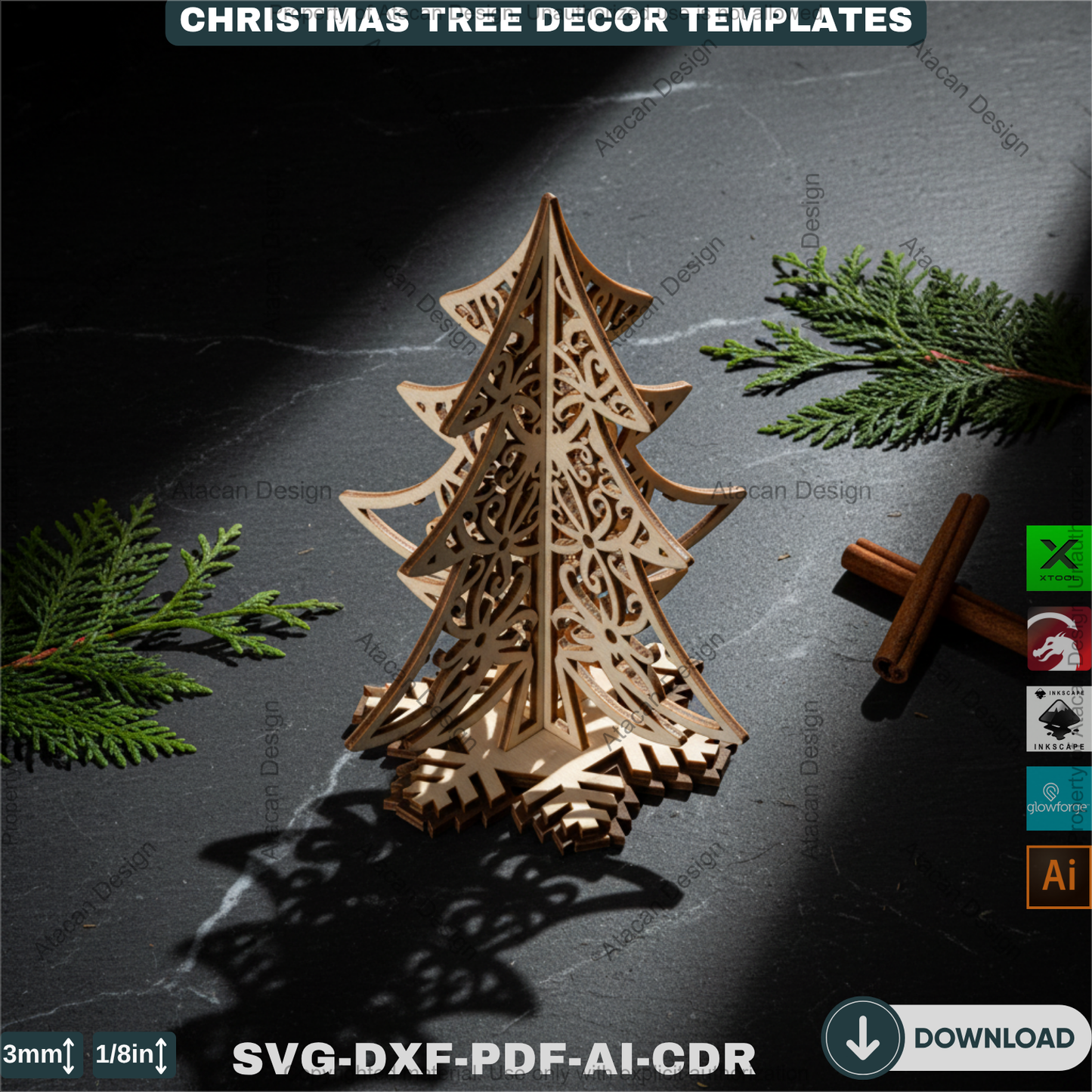 Christmas Ornament Tree With Pattern Laser Cut Files, Festive Holiday Shelf Sitter, Wooden Tabletop Decor Trees 912
