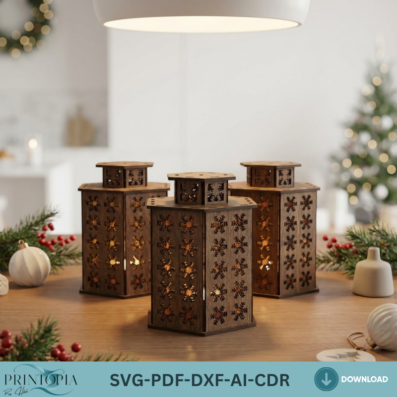Laser Cut Christmas Lantern Wooden Snowflake Tealight Lamp 3 Sizes Holiday Home Decor 3D