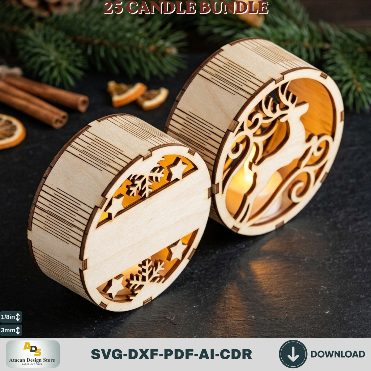 Christmas Tealight Candle Holder Bundle, 25 Laser Cut Round Lantern Templates, Xmas Glowforge Decor