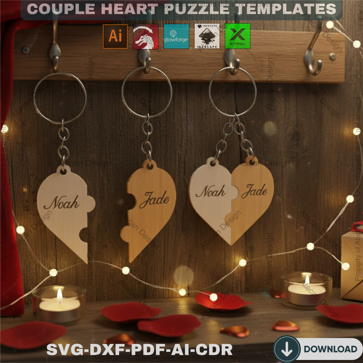 Couple Heart Keychain Laser Cut Files / Our Hearts Keyring Laser vector files / SVG DXF CDR Ai 304