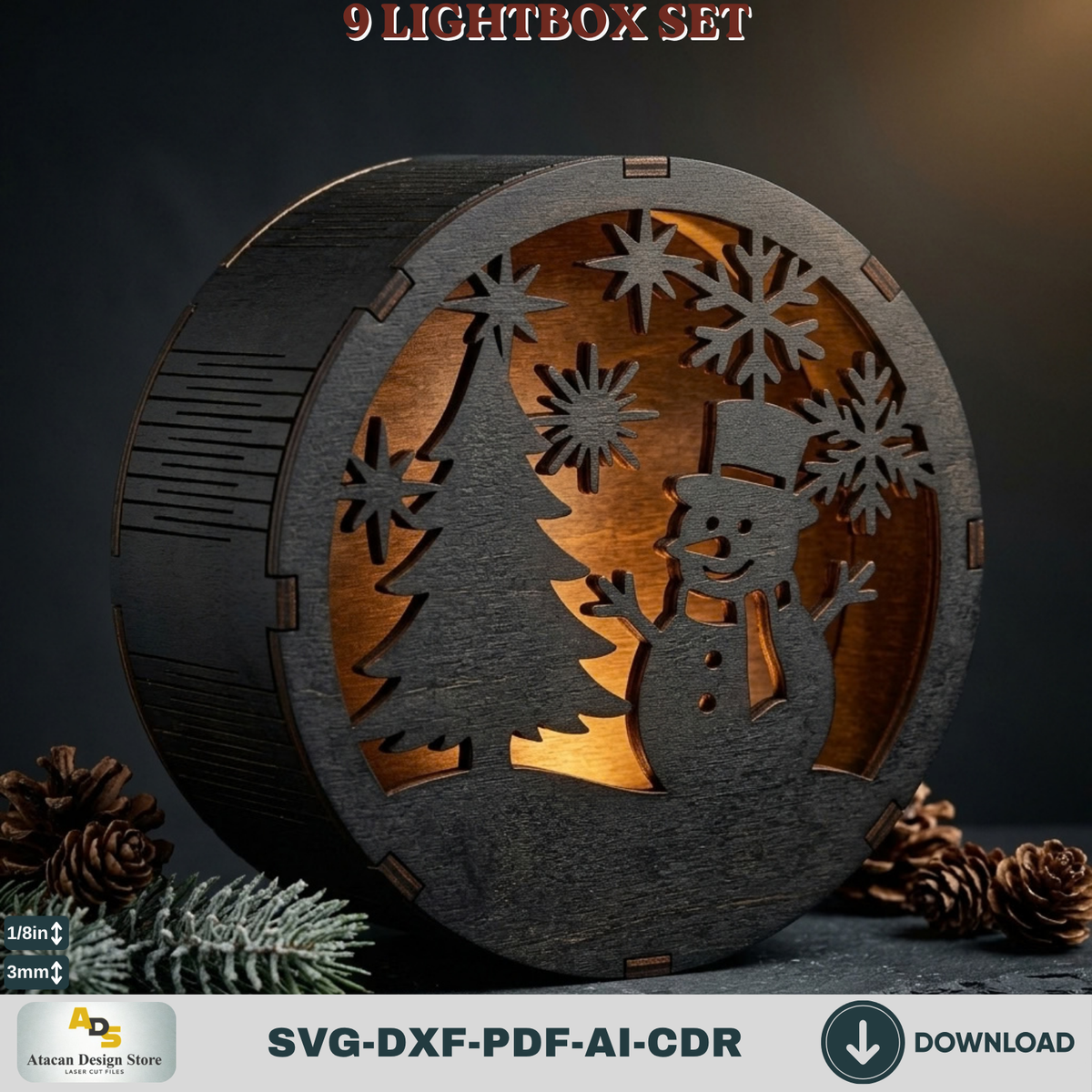 9 Winter Scene Lightbox Laser Cut Bundle Round Christmas Shadow Box Template