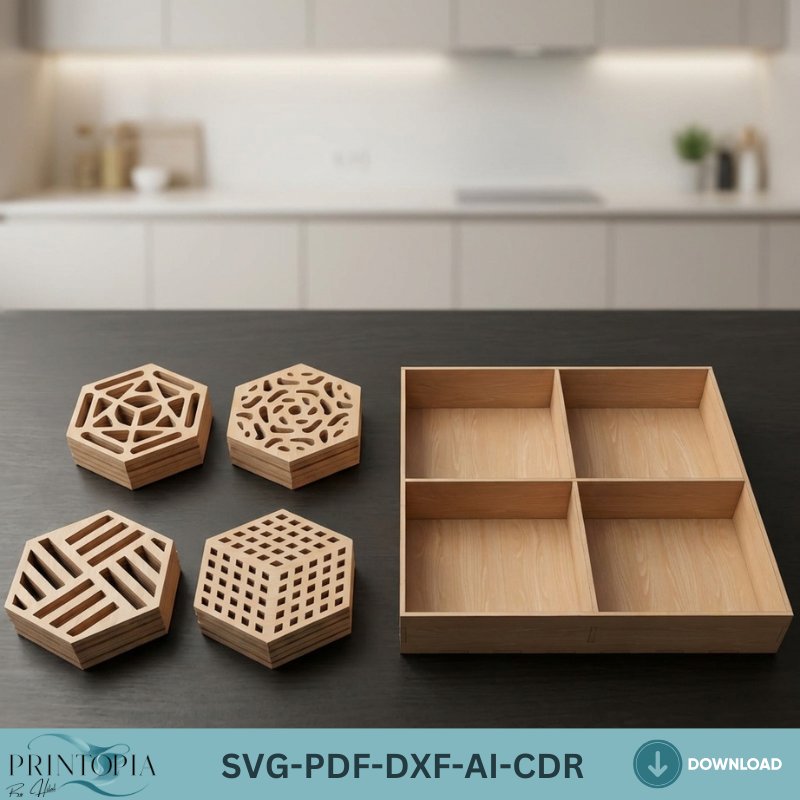 Geometric Laser Cut Coasters with Box Holder Set Modern Drink Coaster Bundle 030