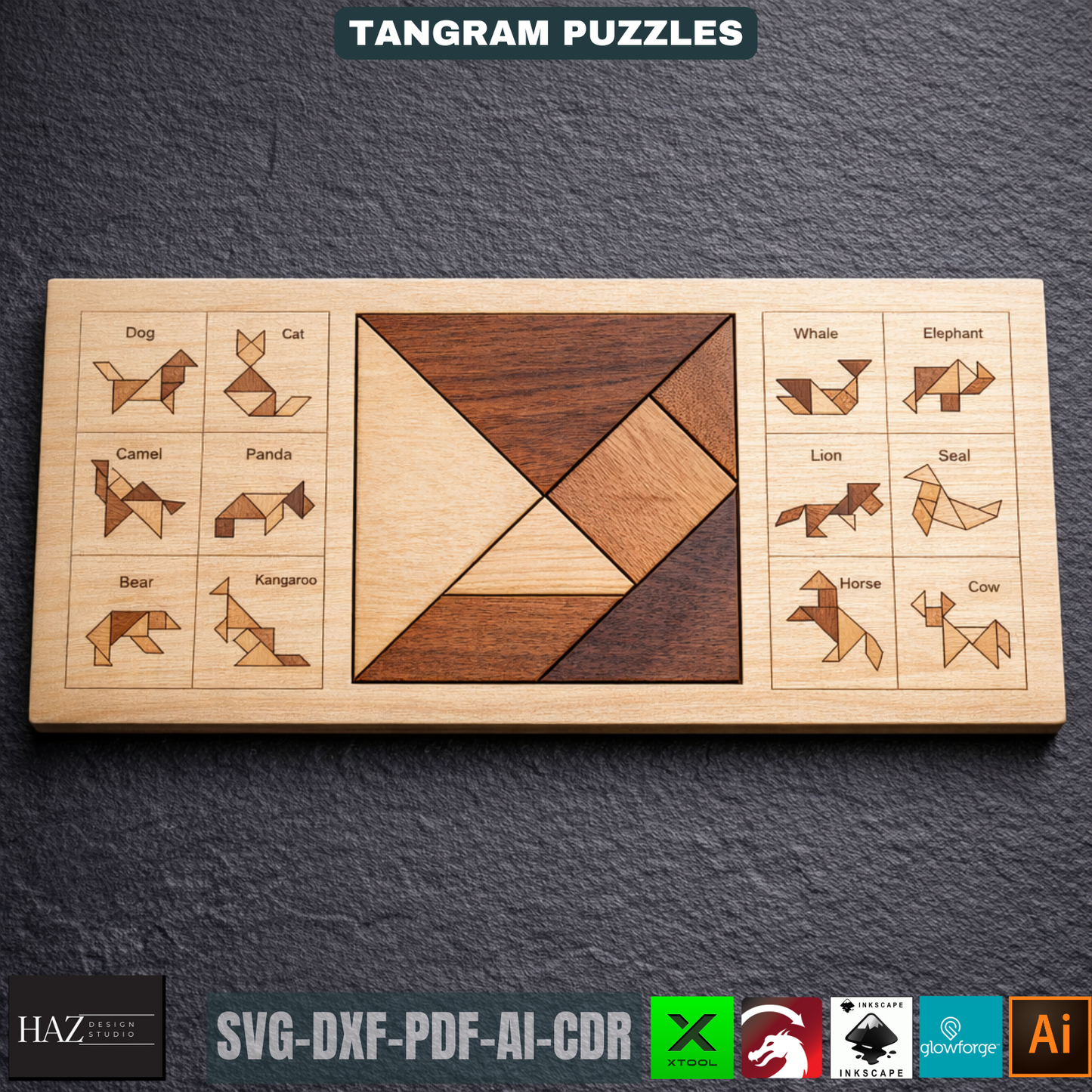 Tangram Wooden Puzzle Laser Cut Pattern Animal Shapes Intelligence Game Montessori Educational Toy for Kids DIY 516