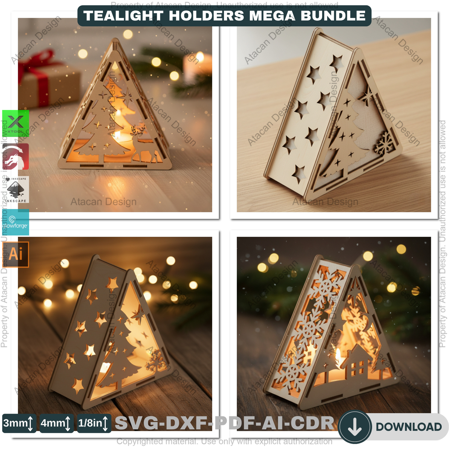 Christmas Pyramid Candle Holder Bundle Laser Cut Template Tealight Lantern Designs Winter Wood Decor Night Lights 919