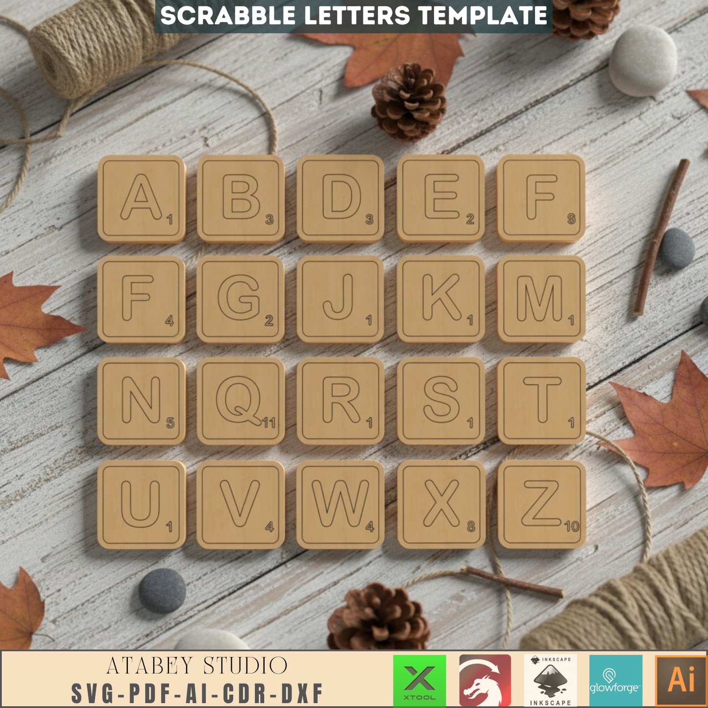 Laser Cut Scrabble Tiles SVG Bundle - Wooden Alphabet Letters Digital Files for Glowforge XTool