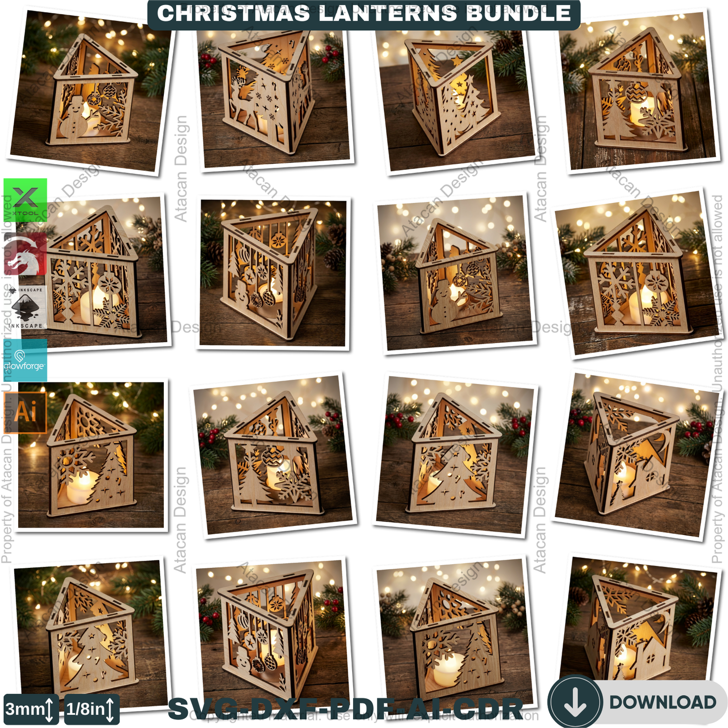 Christmas Lanterns Bundle Laser Cut Templates | Holiday Candle Box Decor | Tealight Holder Designs 930