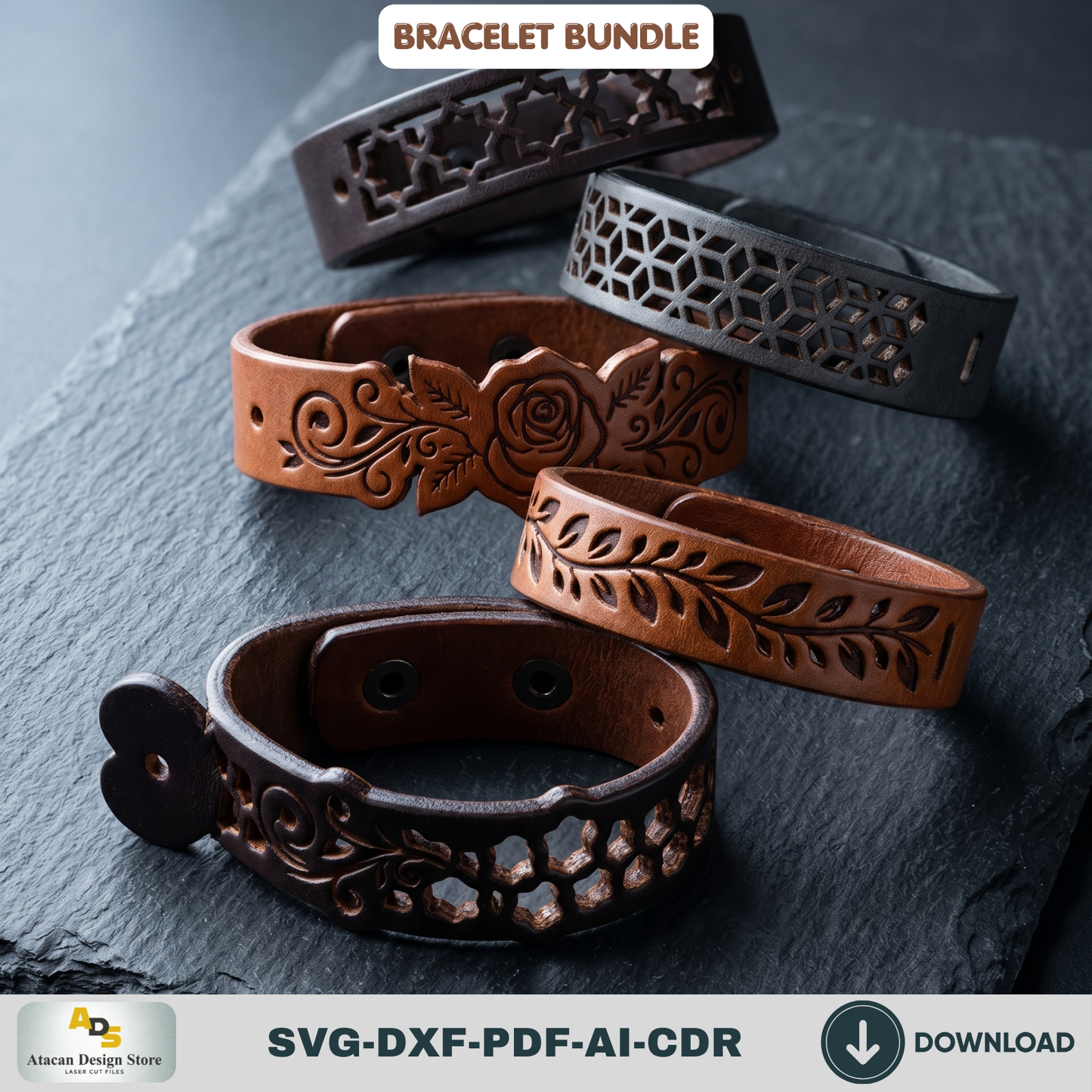 Leather Bracelet Laser Cut Template Bundle, Boho Geometric Cuff Wristband Pattern