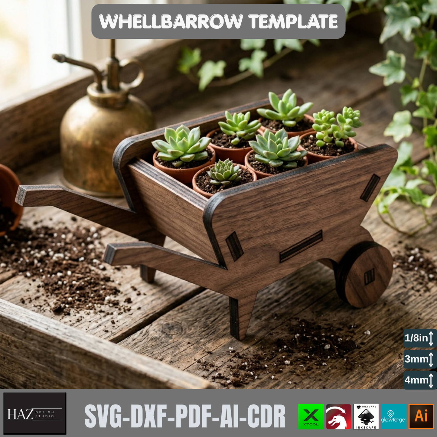 Wheelbarrow Planter Laser Cut File SVG DXF Garden Cart Miniature Wood Decor
