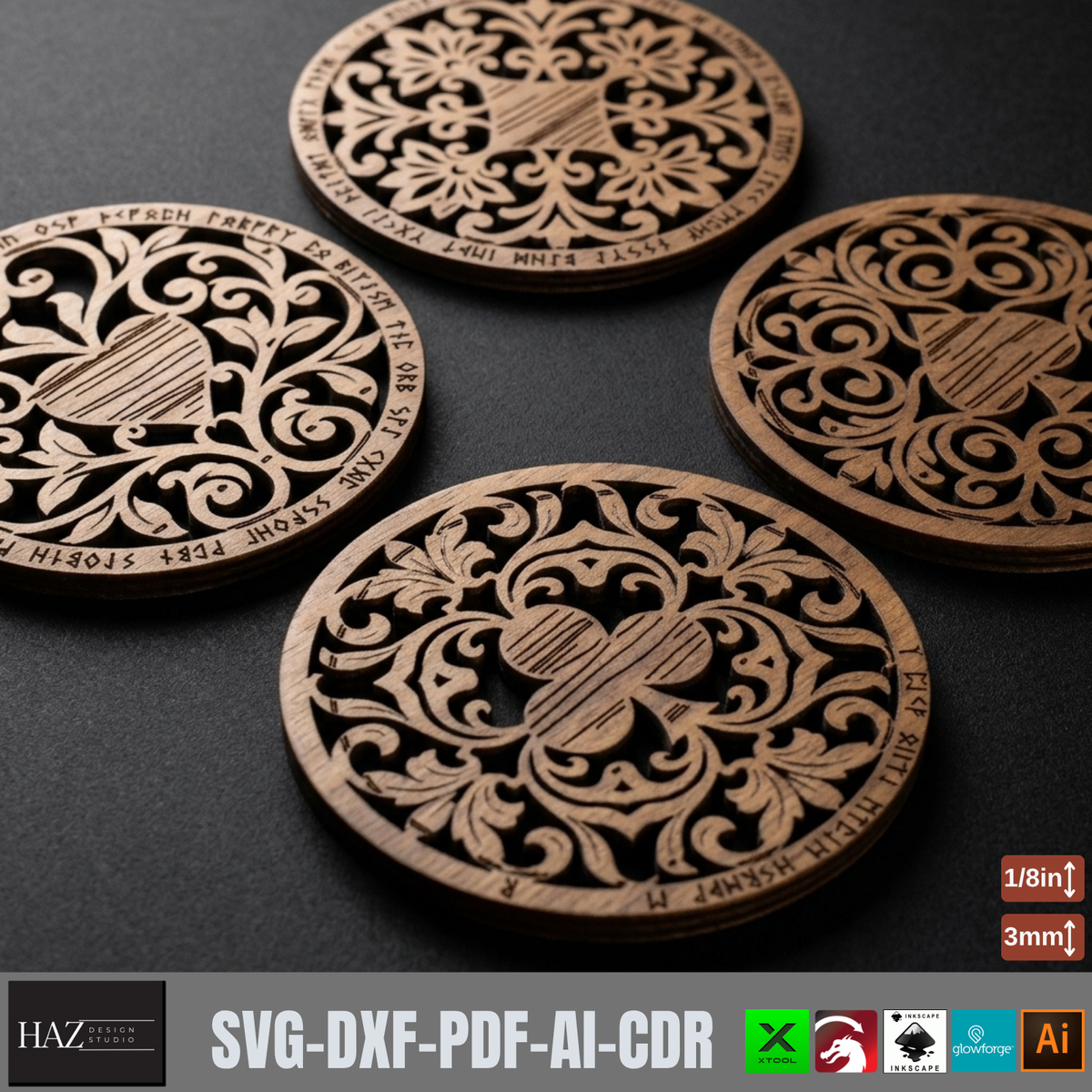 Viking Playing Card Coaster Templates, Rustic Norse Knotwork Wooden Coaster Designs 579