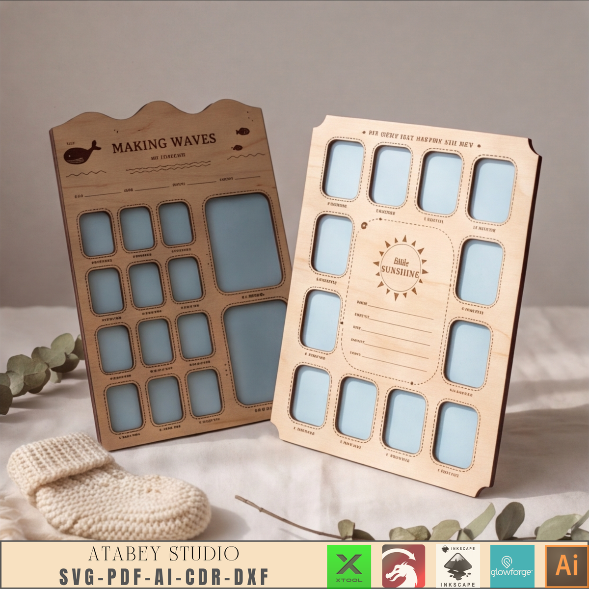 First Year Milestone Photo Board Collection – 7 Themed Laser Cut Templates