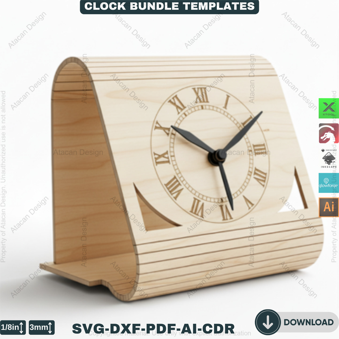 Laser Cut Clocks, Modern Desk Clock Templates, DIY Wooden Table Clock Plans, CNC File for Glowforge, Xtool & Lightburn 914
