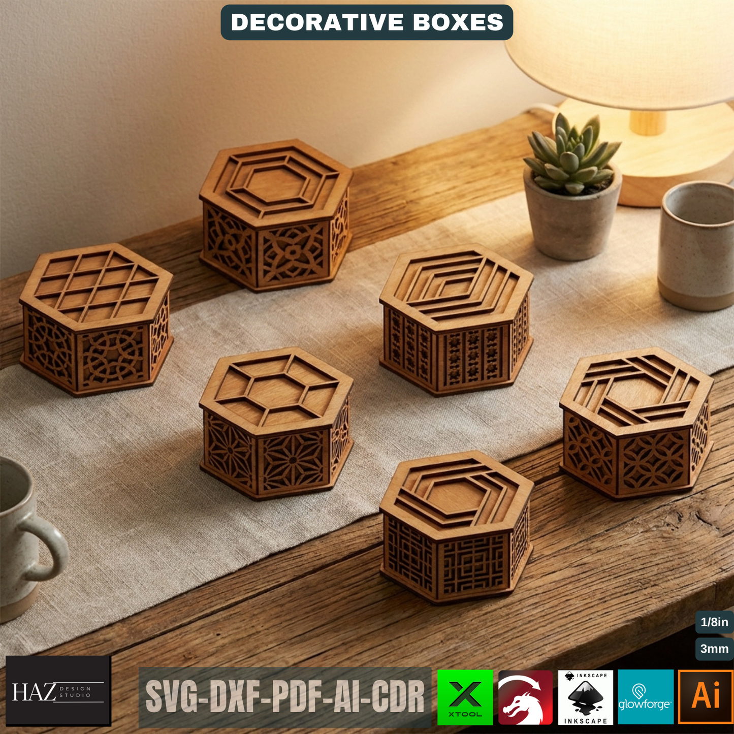Decorative Hexagon Box Laser Cut Template Geometric Wood Storage Container Lidded Keepsake Pattern 521
