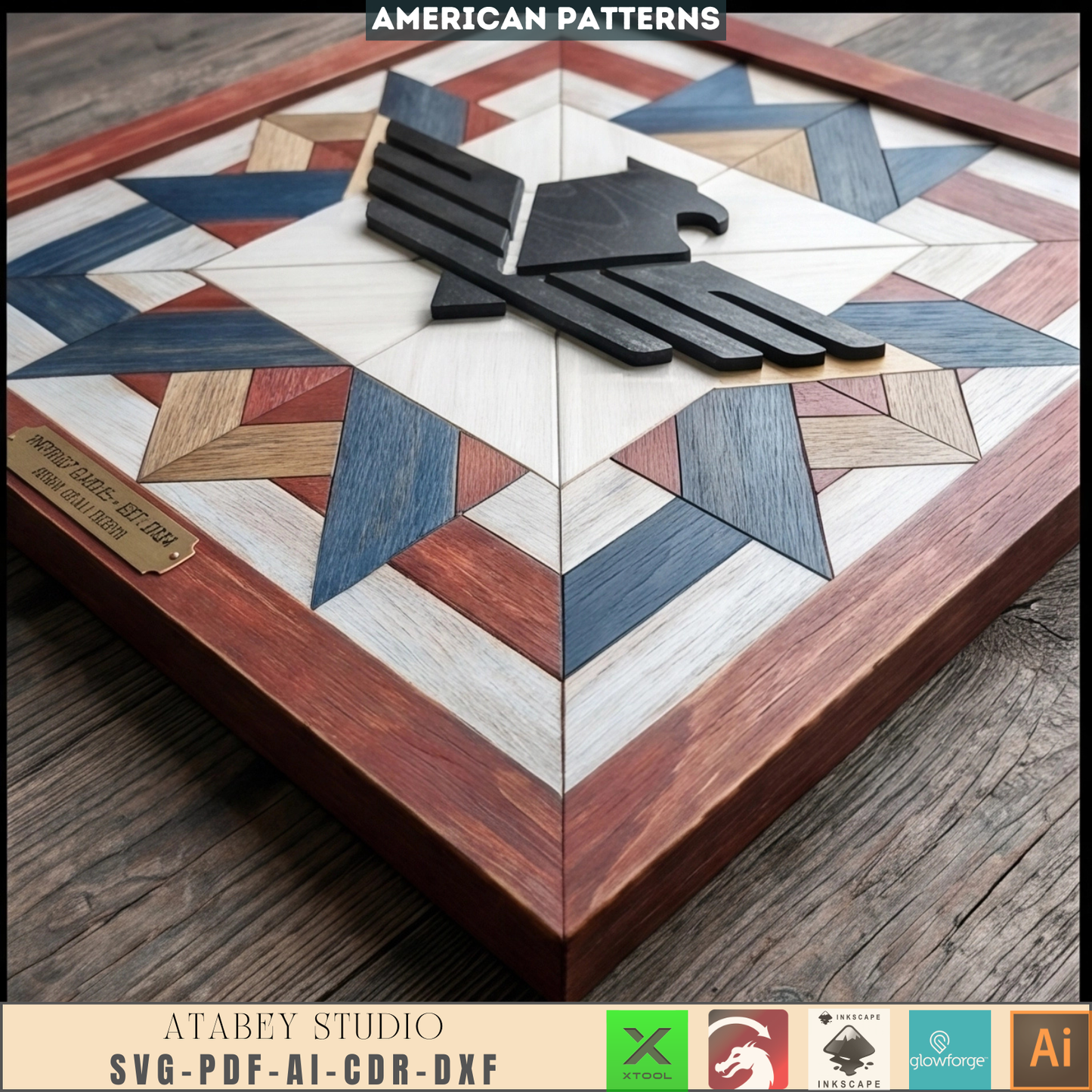 Patriot Eagle Wood Barn Star Quilt Wall-Art American Flag Pattern Mosaic Plywood Block Sign