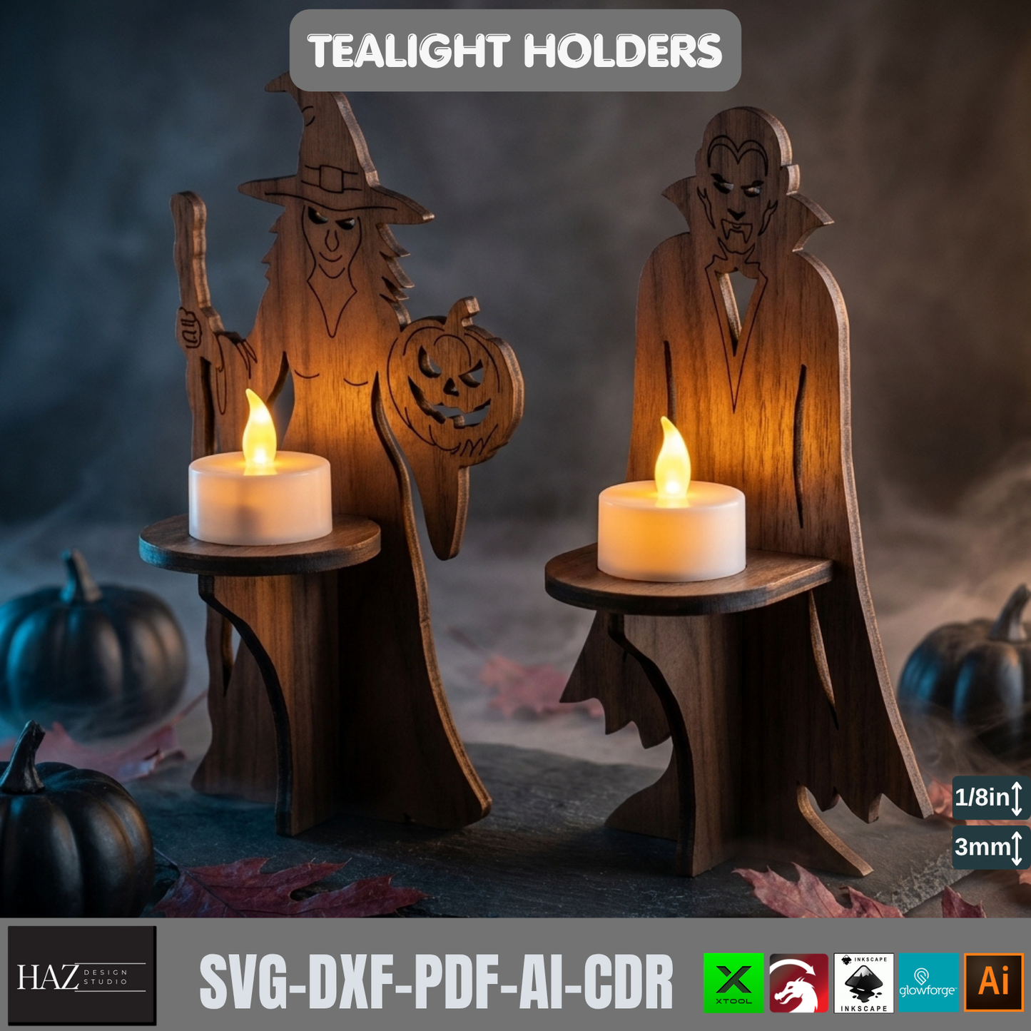 Halloween Tealight Holder Laser Cut Files Vampire Witch Candle Stand SVG 565