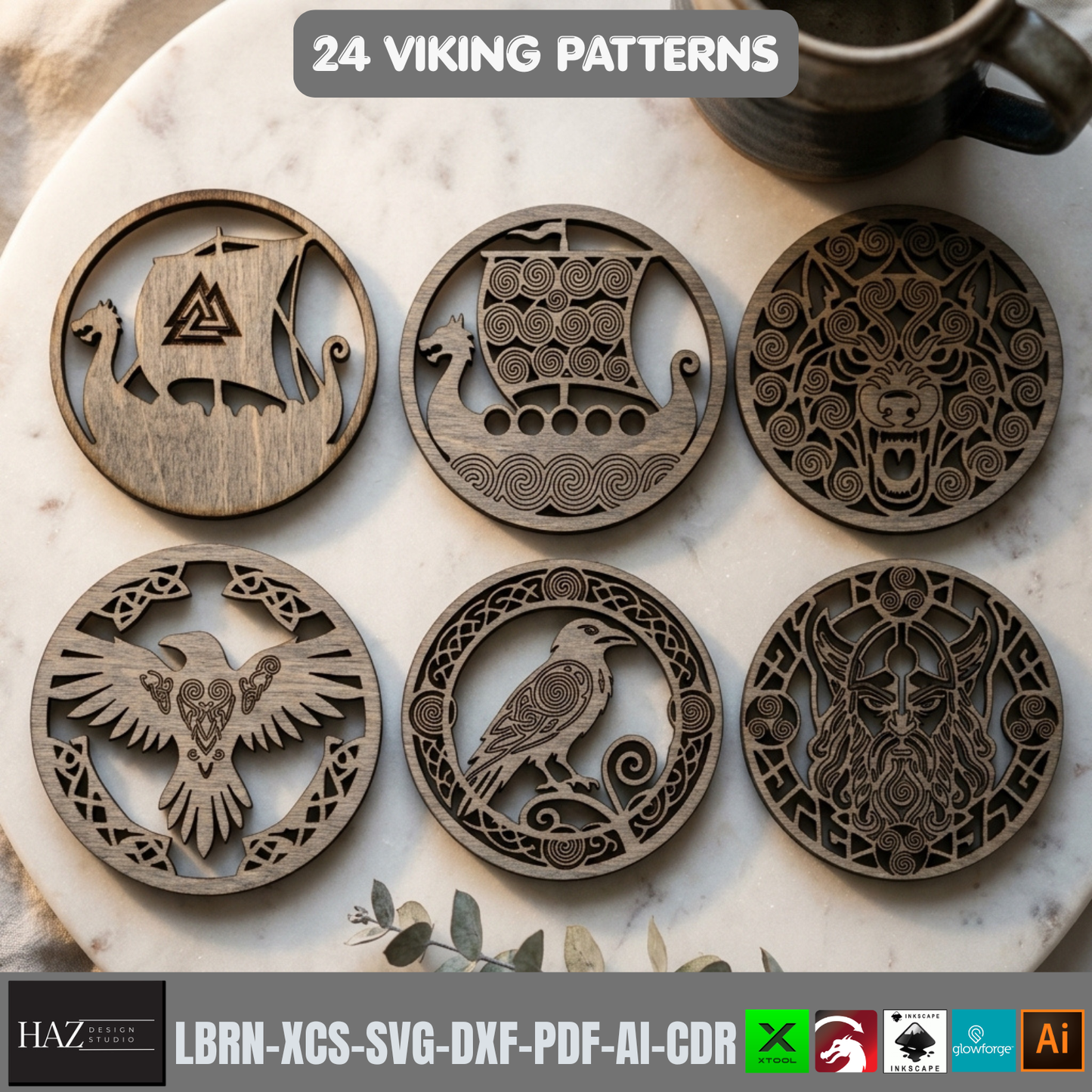 24 Viking Celtic Knot Coaster Laser Cut Patterns Bundle Norse Mythology Wood
