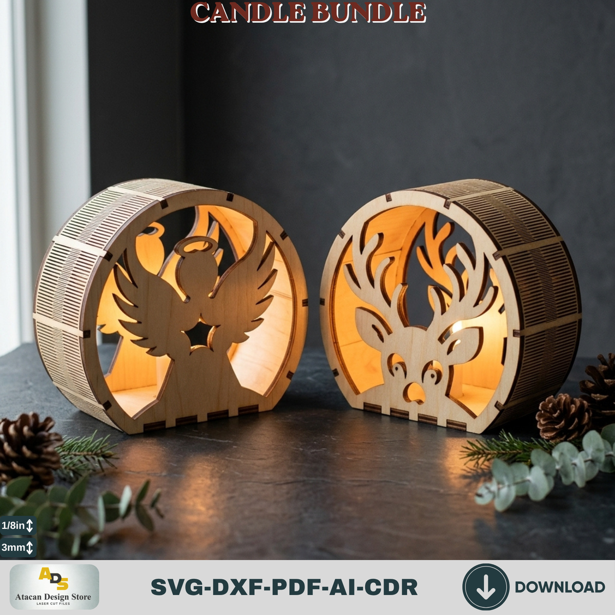 Laser Cut Christmas Lantern Bundle, Wooden Candle Holder Templates, Winter Table Decorations
