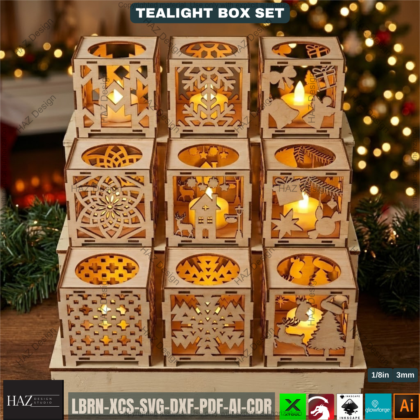 Tealight Holder Set Laser Cut Files, Christmas Candle Box Lantern, Tabletop Decor, Vector Templates 507