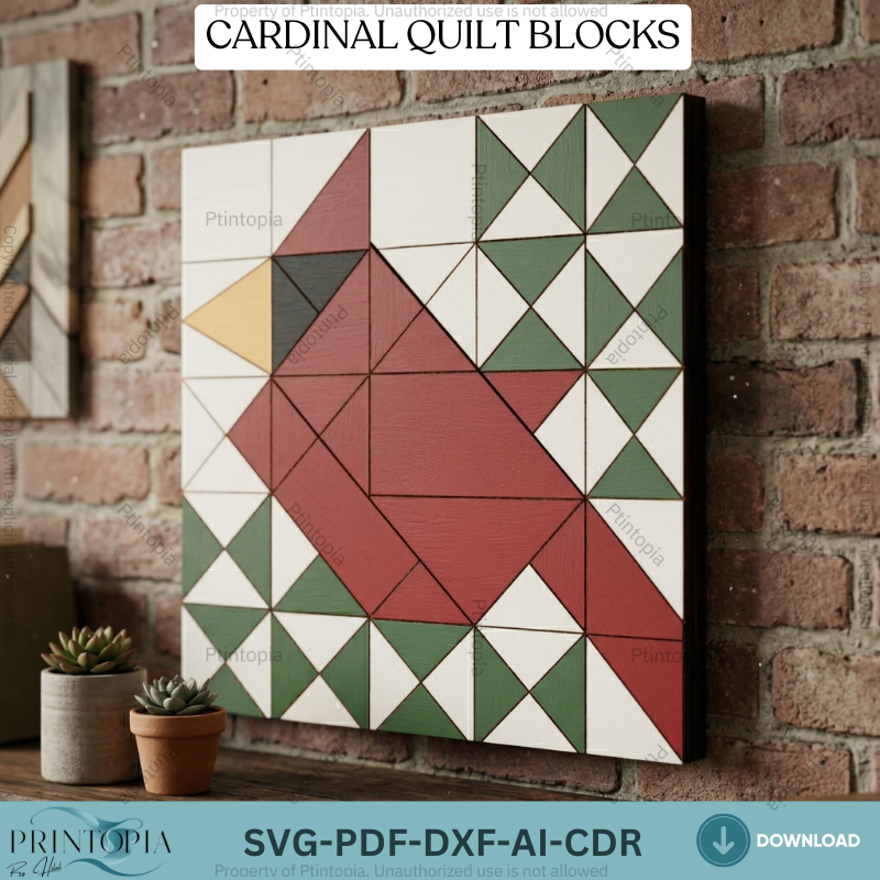 Geometric Cardinal Bird Barn Quilt Block Pattern, Rustic Wooden Wall Art Laser Cut Template 337