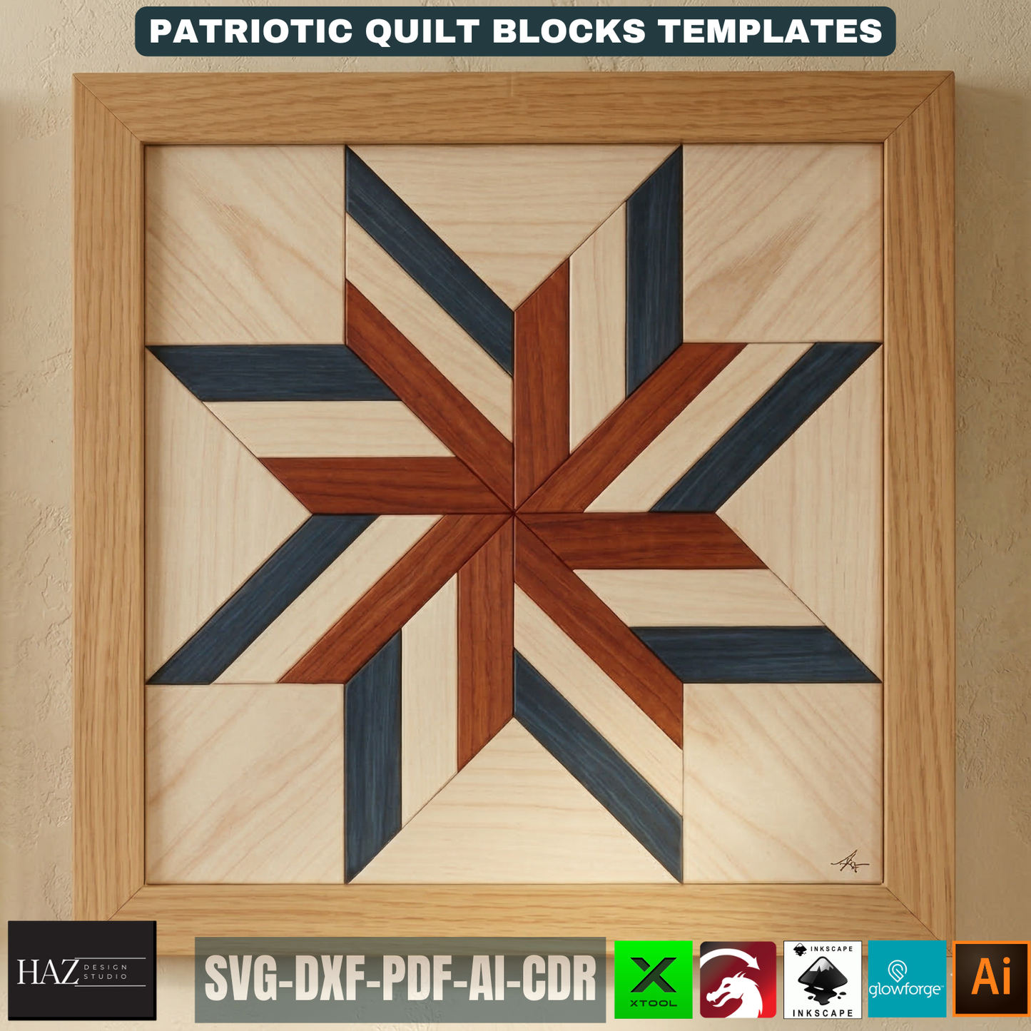 Patriotic Barn Quilt Block Pattern, Independence Day Wood Wall Art, American Flag Patchwork Frame 525