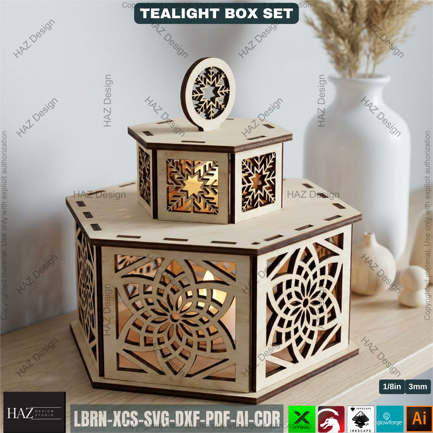 Festive Tealight Lanterns  – Christmas Candle Holder with Lid - Laser Cut Tabletop Decor - Tealight Box Lights 504