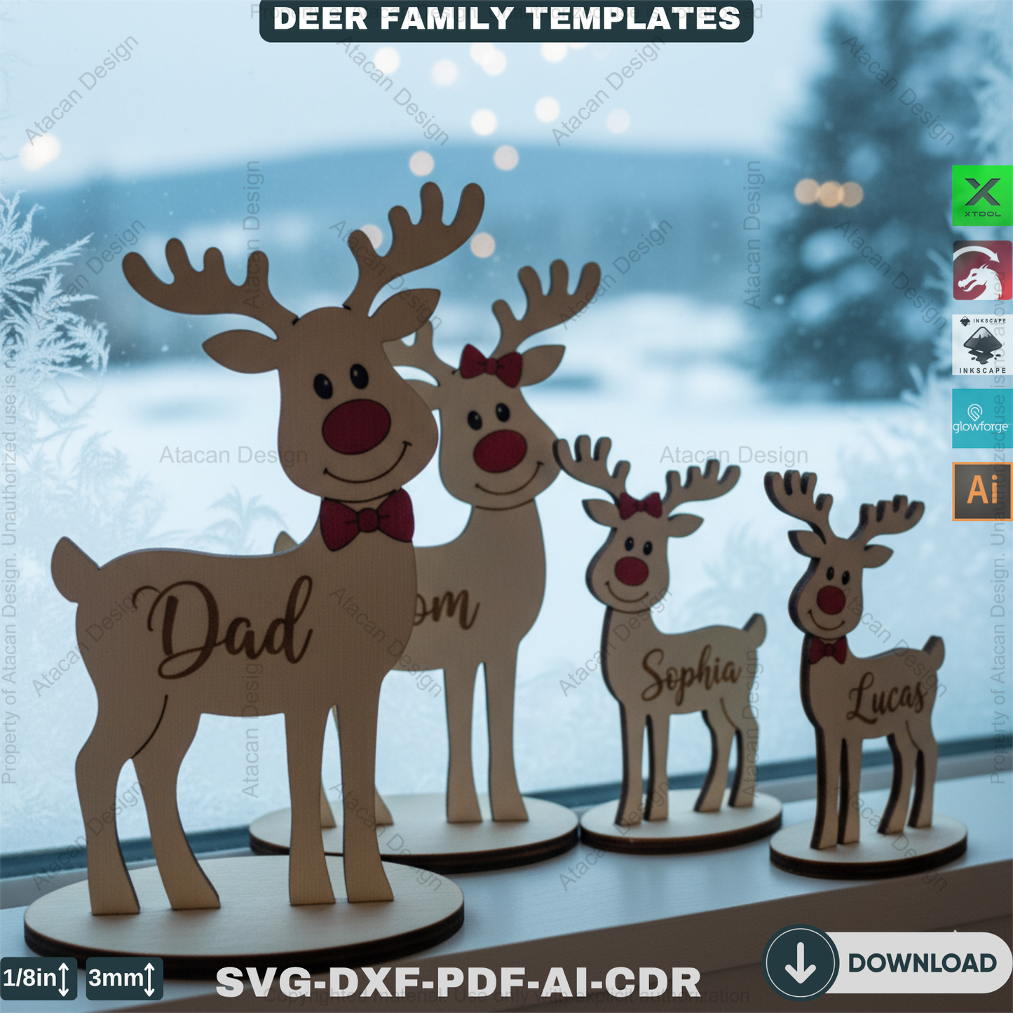 Custom Standing Reindeer Family Names Ornament, Freestanding Deer Laser Engraved Cut File, Christmas Decorations 916