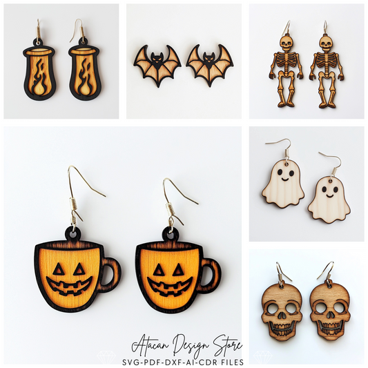 Halloween Earring Bundle: Spooky Skeletons, Ghosts, & Bats - Laser Cut Design Templates 706