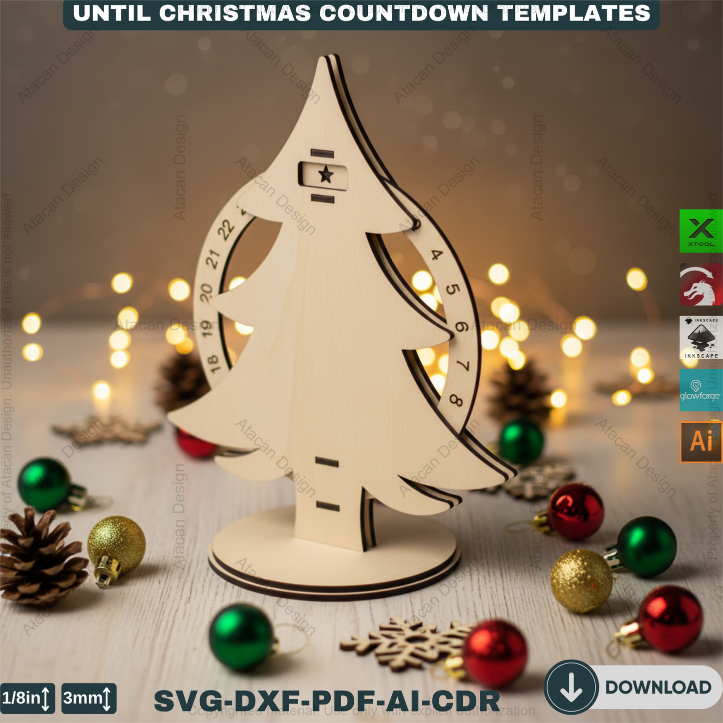 Christmas Tree Advent Calendar Laser Cut Template Bundle Wooden Countdown Stand Glowforge Xtool Files 915