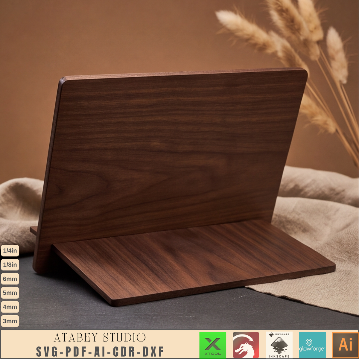 Laser Cut Tablet Stand Template, Plywood iPad Holder, Minimalist Wood Desk Display, Cookbook Stand 1031