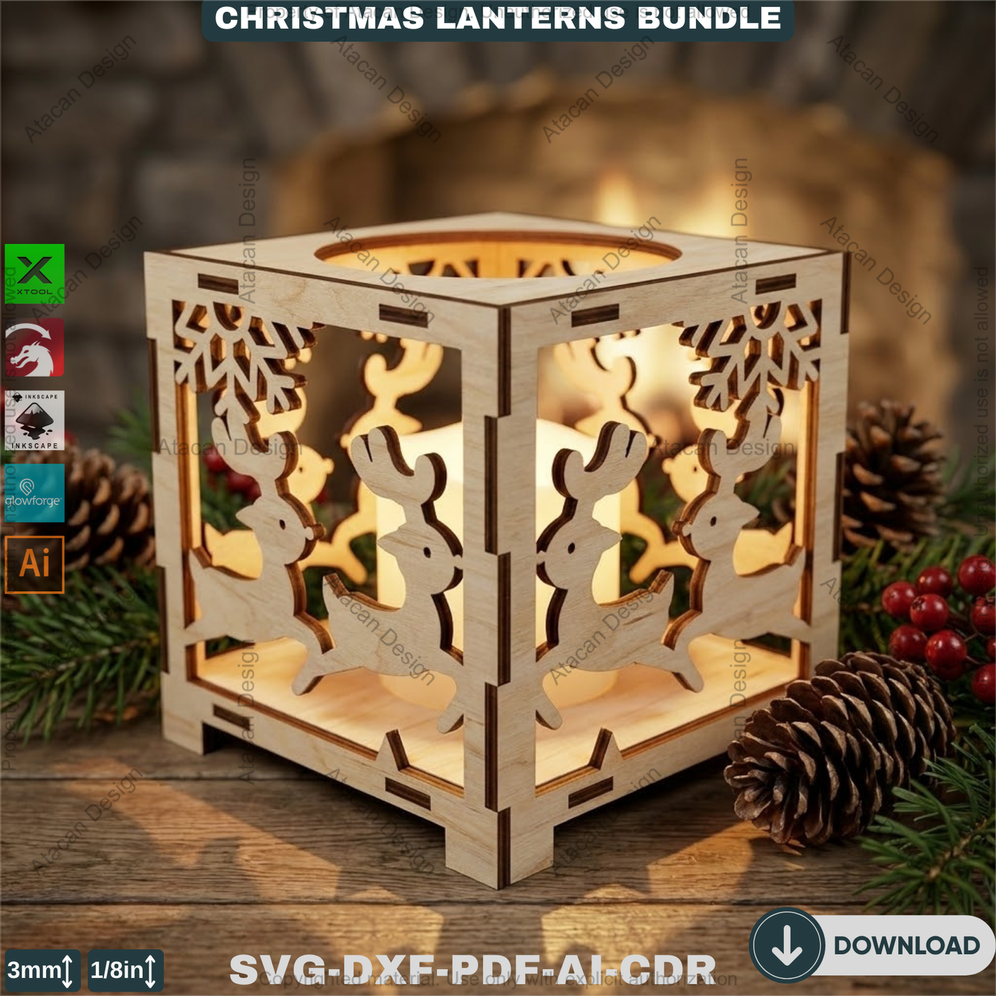 Christmas Lantern Laser Cut Bundle, Wooden Tealight Holder, Xmas Candle Box, Winter Decor, Reindeer Snowman Template 927