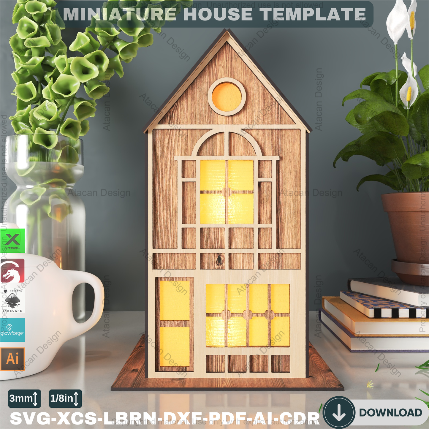 DIY Wooden House Luminary Template | Laser Cut Miniature Village | Table Lamp Design 885