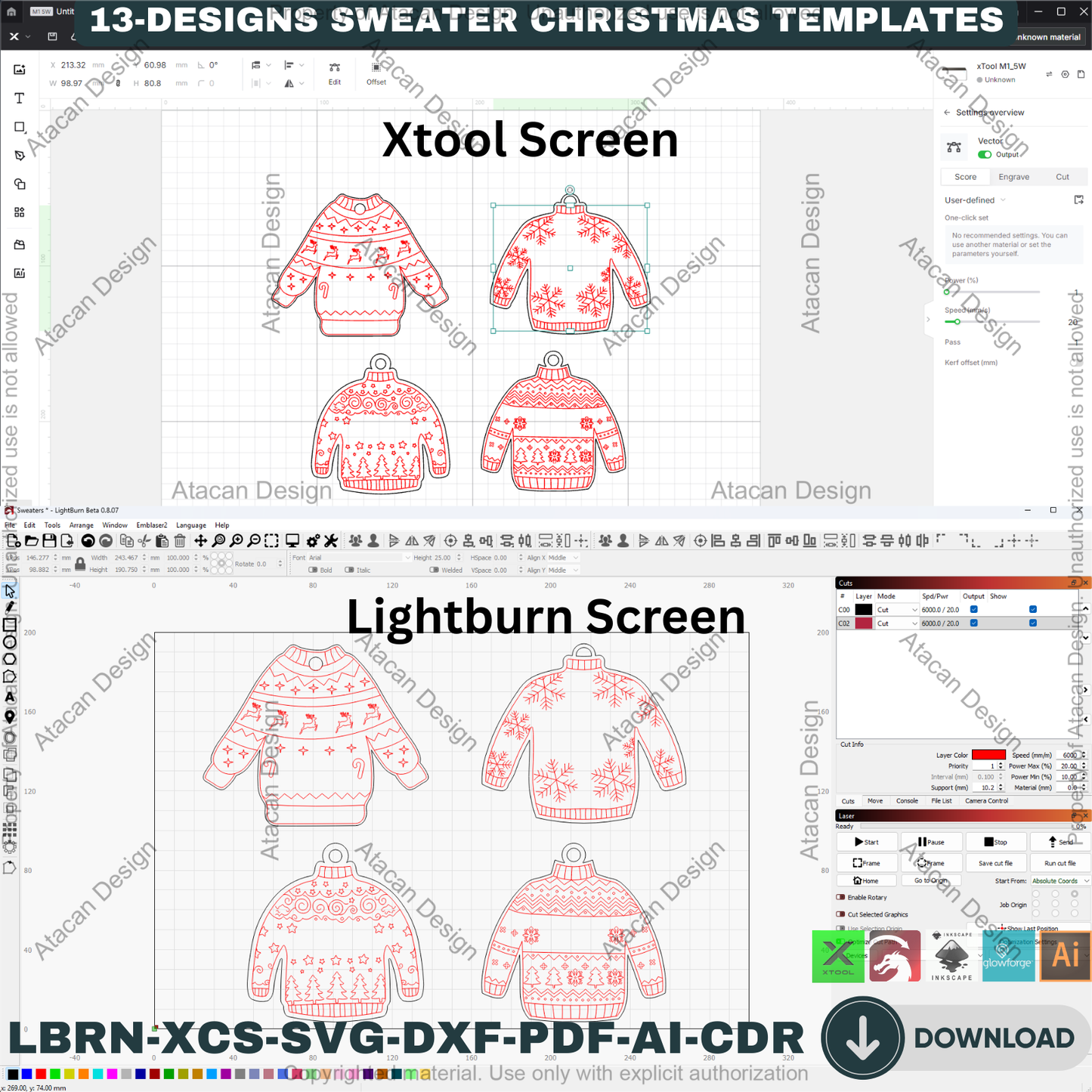 Personalized Sweater Christmas Ornament Bundle | 13 Holiday Designs | Laser Cut Template Set for DIY Xmas Gifts 918