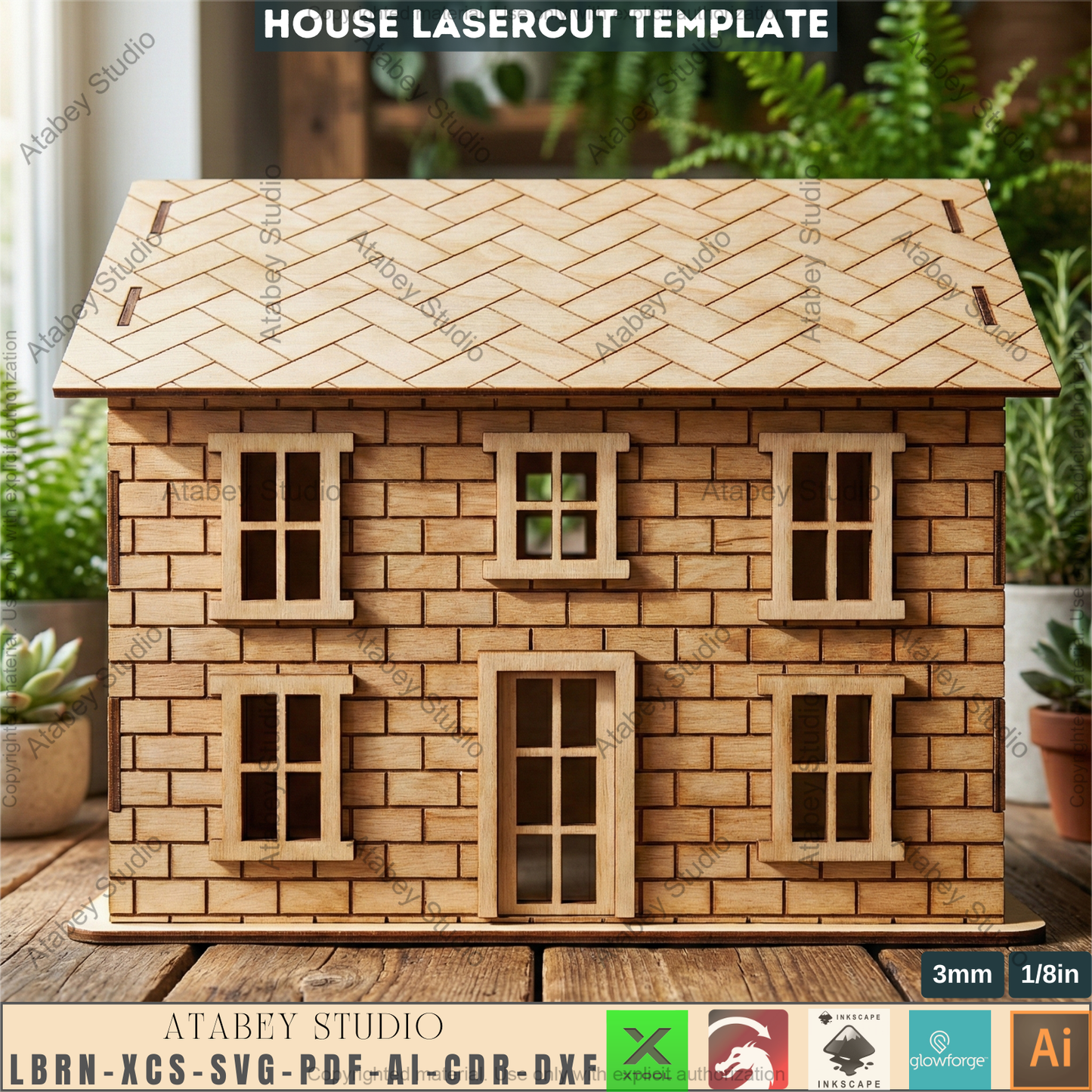 Wooden Dollhouse Laser Cut Plan, Plywood Toy Home Template, CNC Model, Kids Play House Design, Hinged Roof Storage Box 265