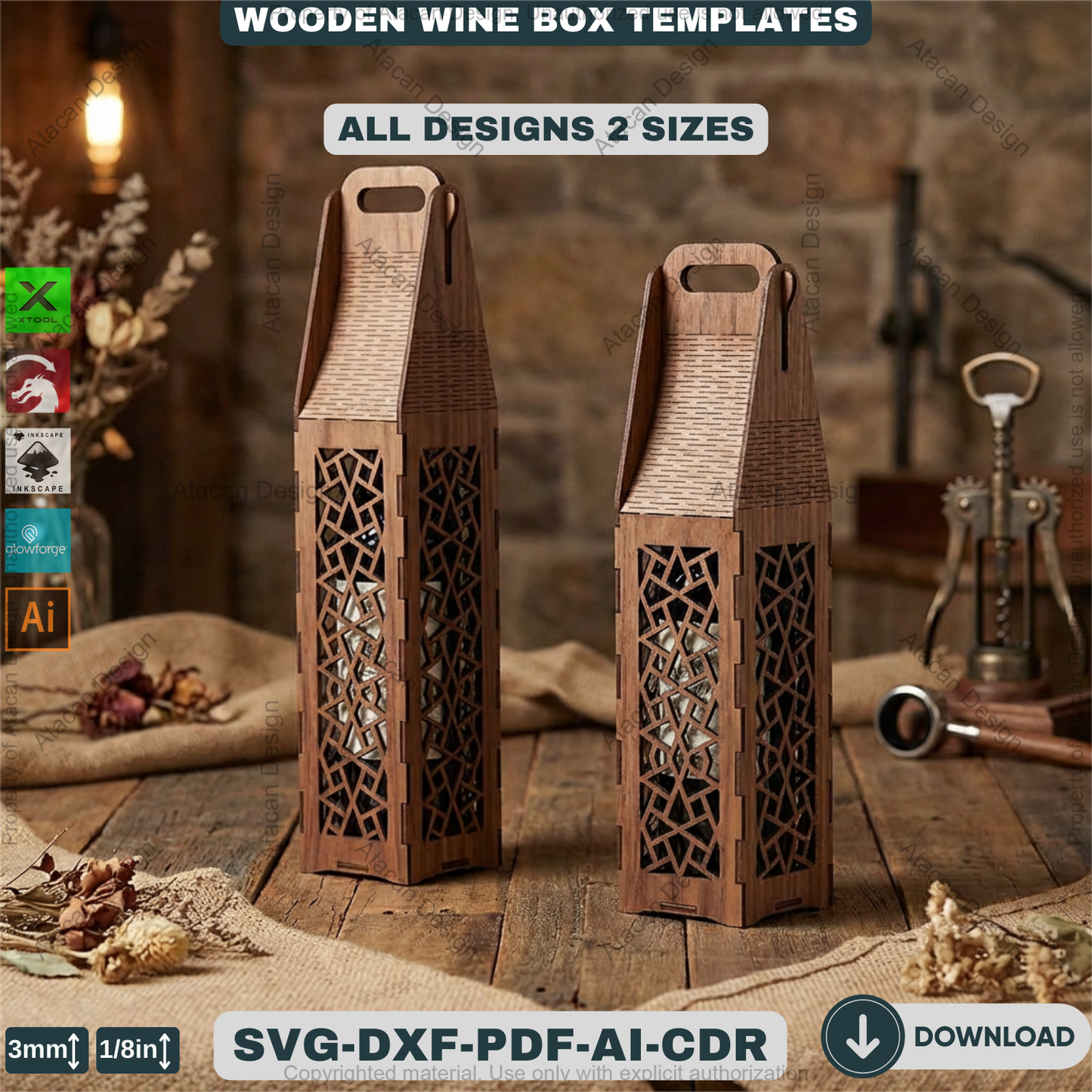 Laser Cut Wine Bottle Gift Box Bundle Wooden Wine Carrier Holder Pattern for Glowforge CNC Engraved Wine Box Plan 934