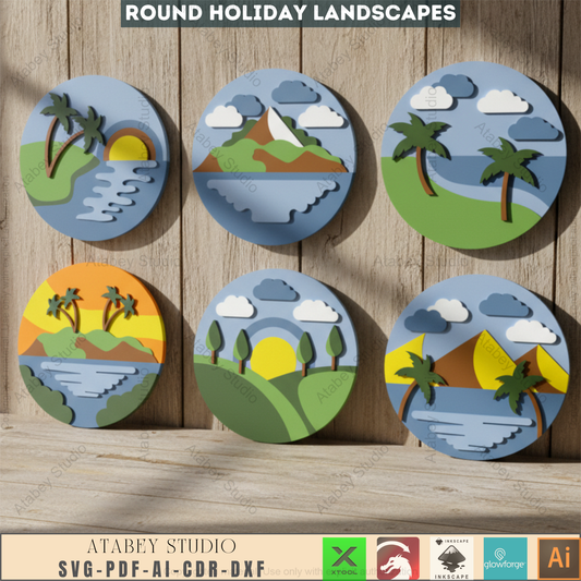 Tropical Paradise Laser Cut SVG | Round Beach Mountain Landscape Digital Files for Wall Decor | Instant Download 952